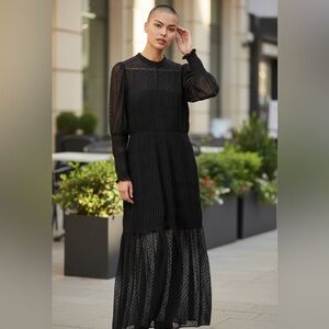 Zara Maxi Plumetis Swiss Dot Lace Sheer Black Dress